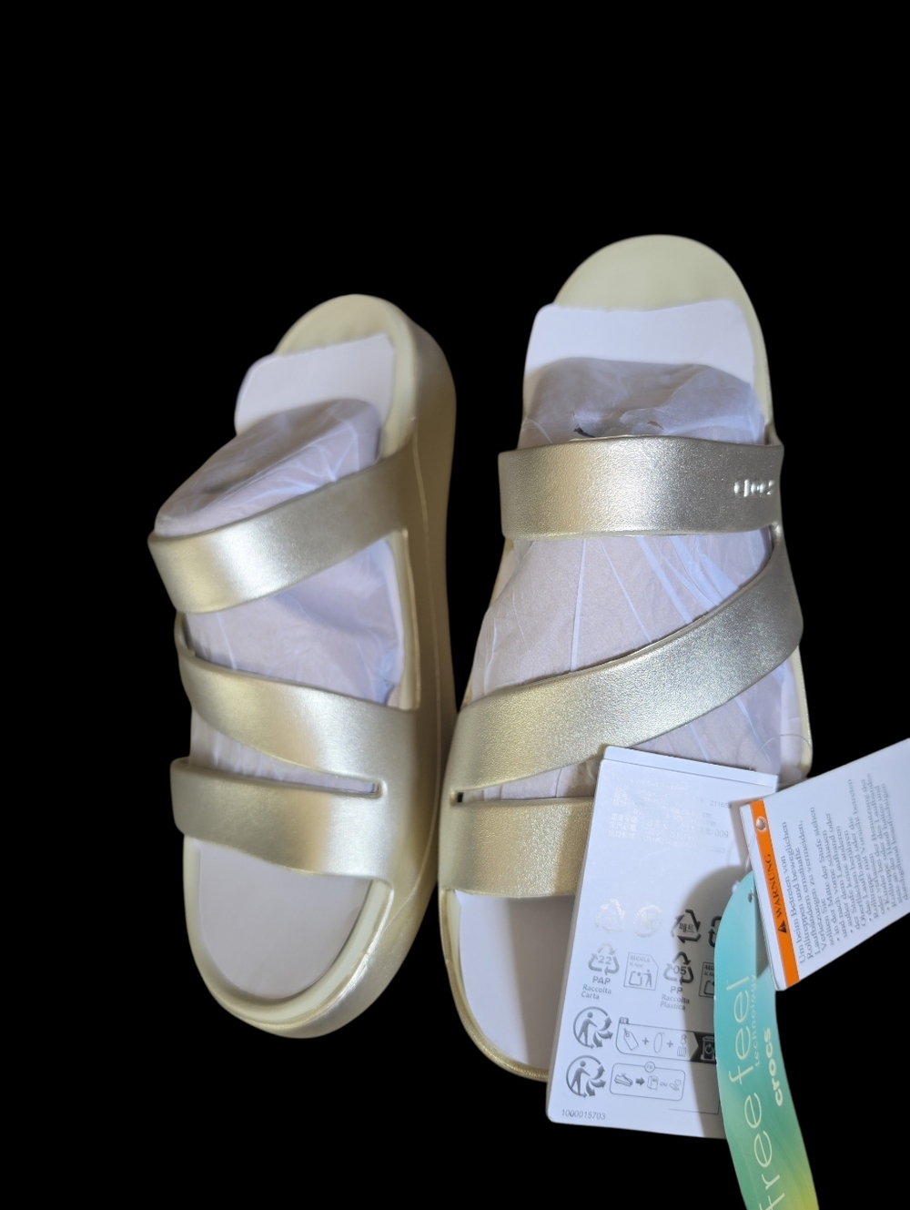 CROCS Women's Free Feel Metallic Champagne Triple-Strap Slide Sandals NWT Size 9 - Picture 8 of 8